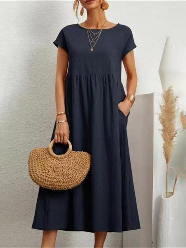 Elegante Vestido, Manga Curta, Algodão e Linho, Vestido de Verão Solto, Bolsos Importe Go Azul P