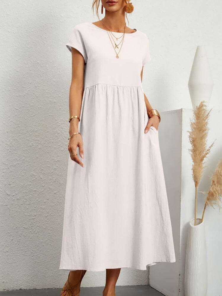 Elegante Vestido, Manga Curta, Algodão e Linho, Vestido de Verão Solto, Bolsos Importe Go Branco P