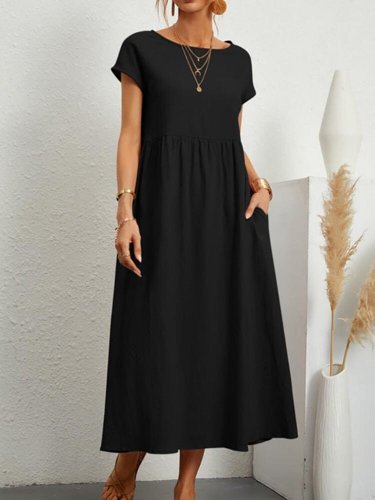 Elegante Vestido, Manga Curta, Algodão e Linho, Vestido de Verão Solto, Bolsos Importe Go Preto P