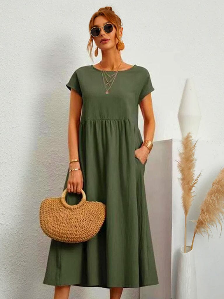 Elegante Vestido, Manga Curta, Algodão e Linho, Vestido de Verão Solto, Bolsos Importe Go Verde Escuro P