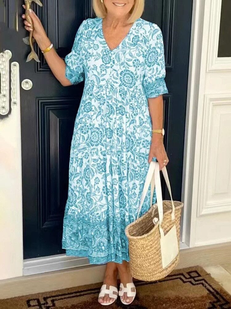 Vestido Boêmio Decote em V (COMPRE 1, LEVE 2) Roupas (Vestido 3) Importe Go PP Azul Claro