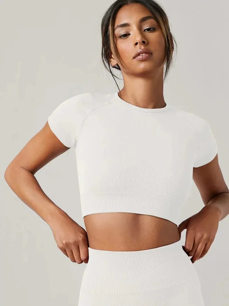 Seamless Short Sleeve Yoga Shirt para Mulheres, Esporte Camisetas, Ginásio Roupas de Fitness, Corrida e desgaste ativo Importe Go 